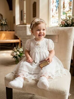 Rare find! VIntage 1990's Jo Lene 18M Baby Girl's White Lace dress baptism GUC
